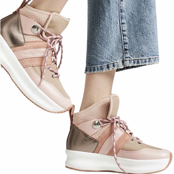 See by Chloe Casey Panelled High-Top Sneakers Pink Beige Size 35 US 5 New In Box - Picture 2 of 9